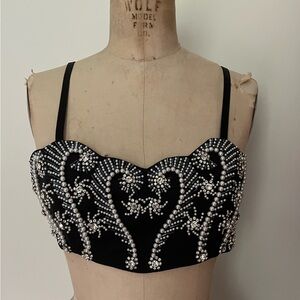 NWT Embellished Black Crop Top - gorg pearls, diamonds, intricate beading